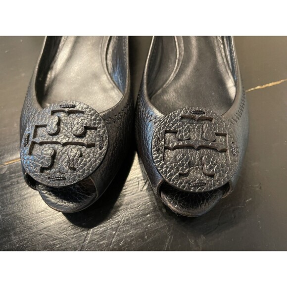 Tory Burch Shoes - TORY BURCH-Sally- Wedge (1") Peep Toe Black Pebbled Leather Shoes Perfect! Sz 7
